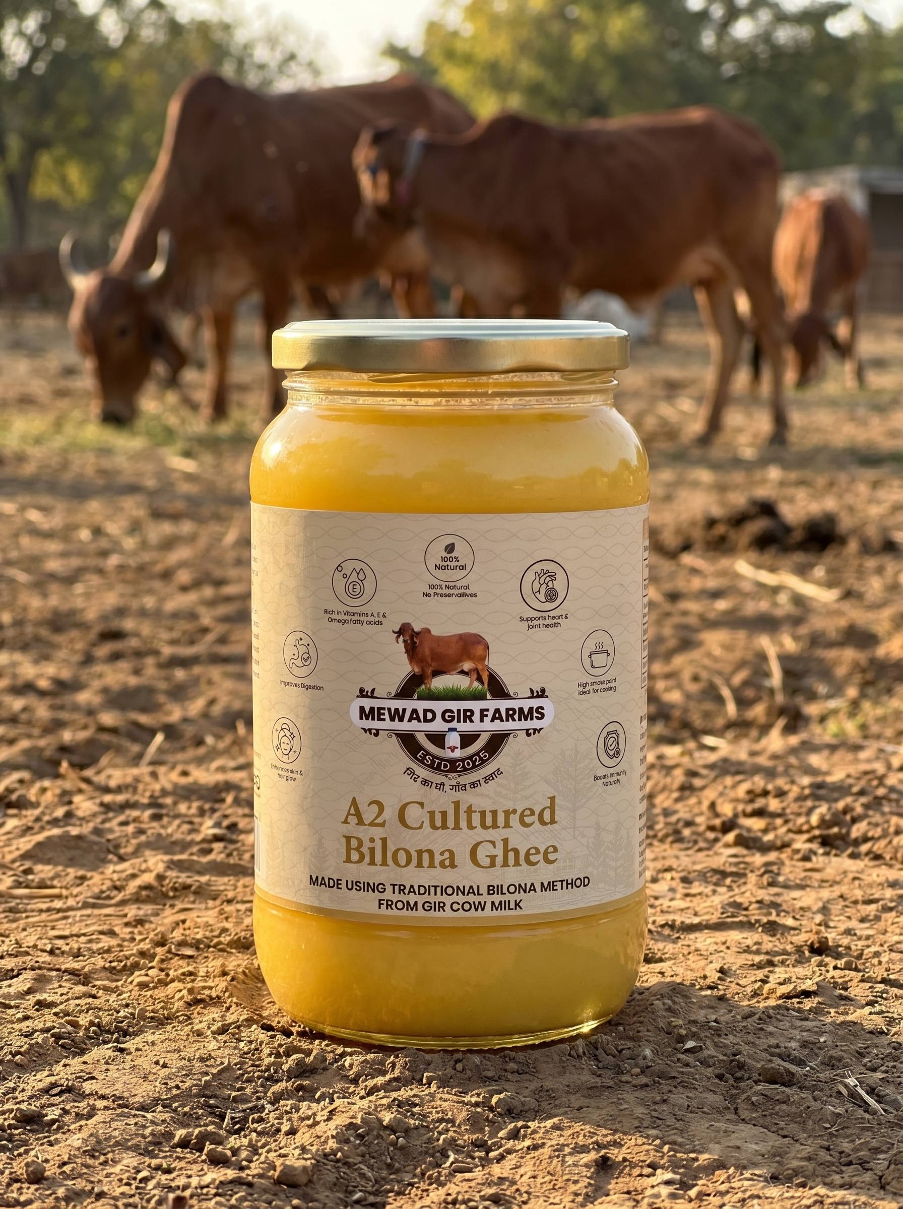 A2 Cultured Bilona Ghee jar with Gir cows grazing in the background